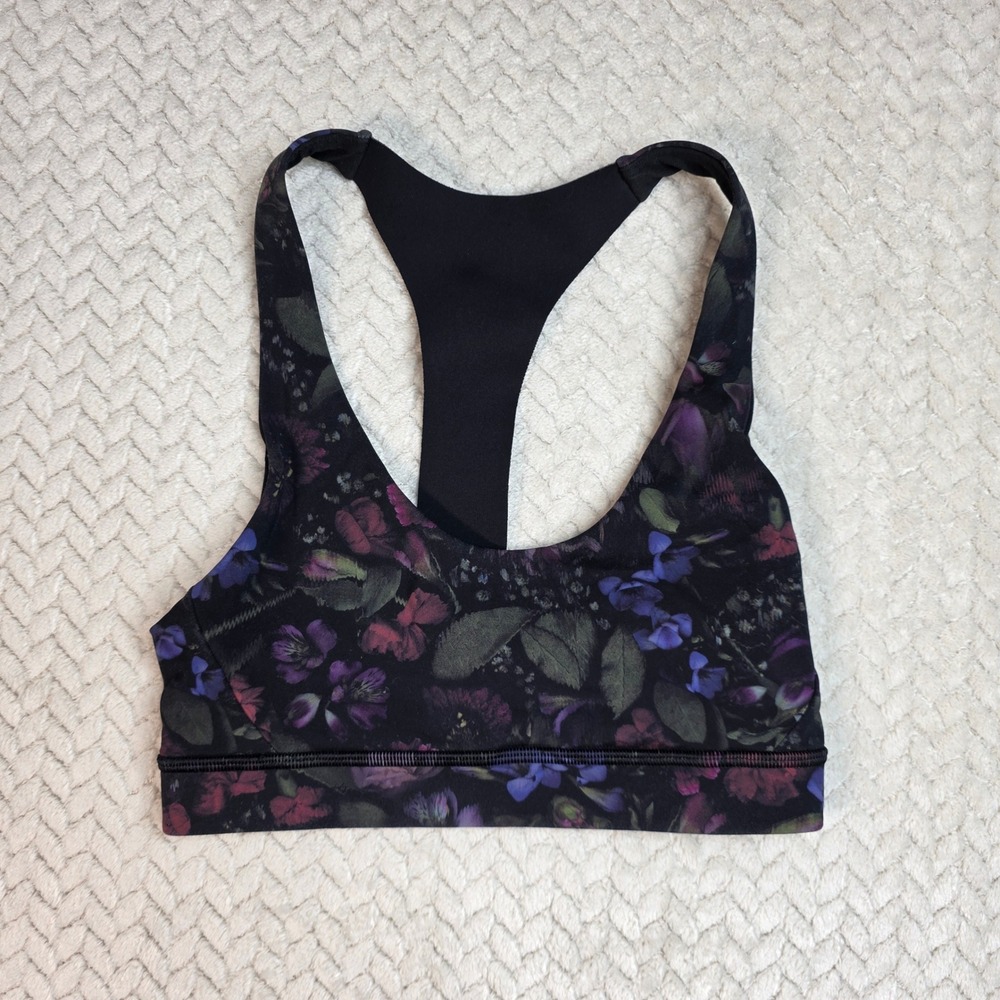 Lululemon Invigorate Bra Dark Floral Purple Magenta Racerback Sports Bra Size 2